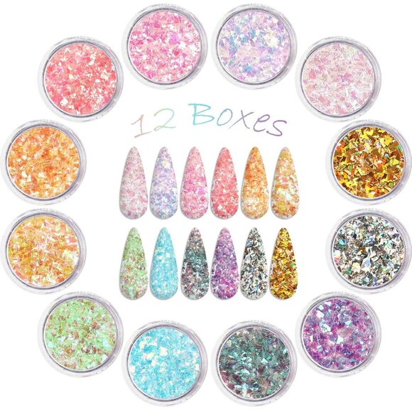 12 Colors Mermaid Nail Chunky Glitter Ultra-Thin Fluorescent Glass Paper - Picture 3 of 3